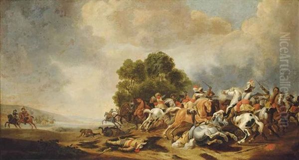 A Cavalry Skirmish Oil Painting by Palamedes Palamedesz. (Stevaerts, Stevens)