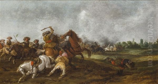 A Cavalry Encounter Oil Painting by Palamedes Palamedesz. (Stevaerts, Stevens)