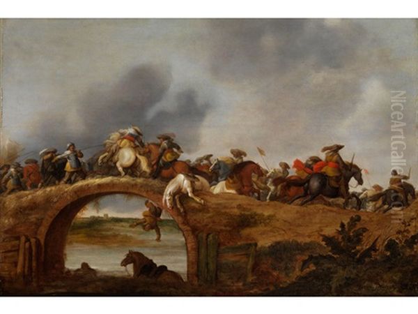 Reitergefecht Auf Einer Brucke Oil Painting by Palamedes Palamedesz. (Stevaerts, Stevens)