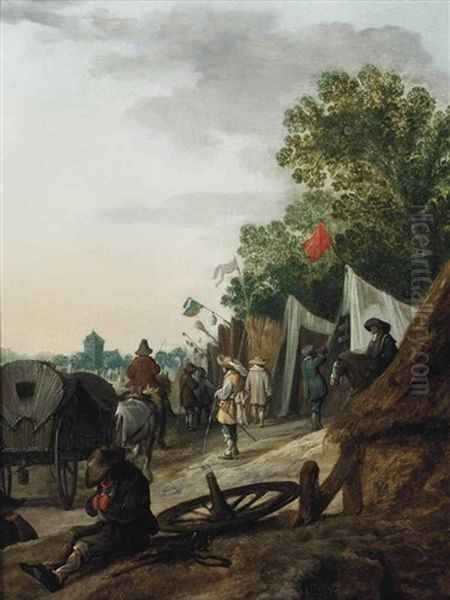 A Military Encampment Oil Painting by Palamedes Palamedesz. (Stevaerts, Stevens)