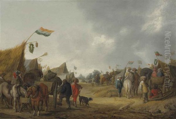 A Military Encampment Oil Painting by Palamedes Palamedesz. (Stevaerts, Stevens)