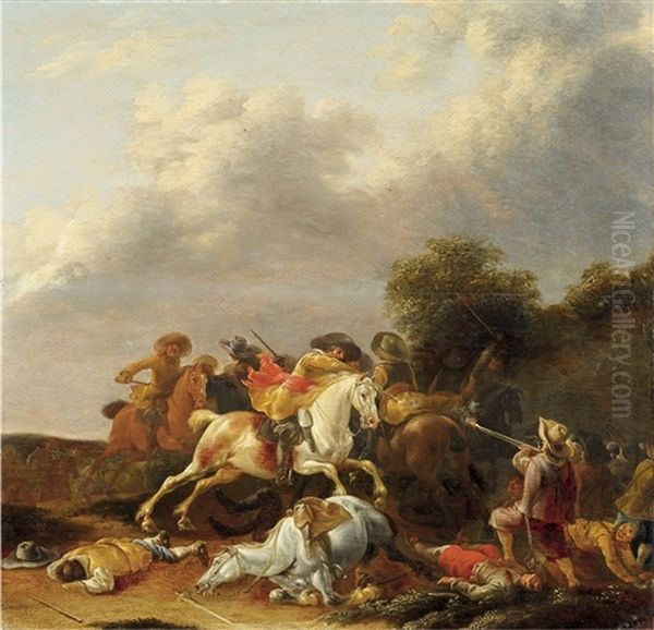 A Cavalry Skirmish Oil Painting by Palamedes Palamedesz. (Stevaerts, Stevens)