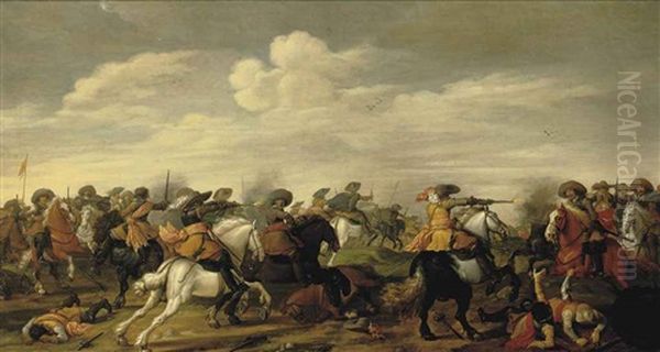 A Cavalry Skirmish In A Landscape Oil Painting by Palamedes Palamedesz. (Stevaerts, Stevens)