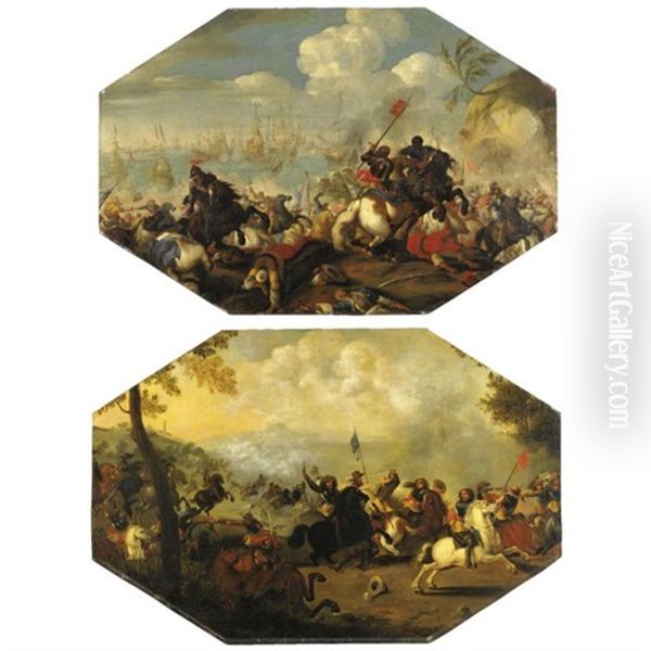 Battaglia Di Cavalleria, Con Battaglia Navale Sul Fondo (+ Scena Di Battaglia In Un Paesaggio Collinare; Pair) Oil Painting by Palamedes Palamedesz. (Stevaerts, Stevens)