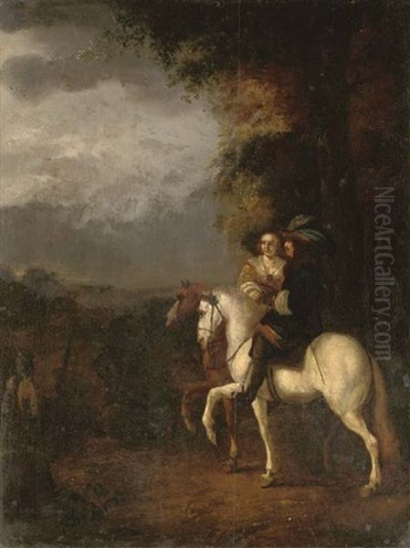 A Gentleman And A Lady Riding In A Wooded Landscape Oil Painting by Palamedes Palamedesz. (Stevaerts, Stevens)