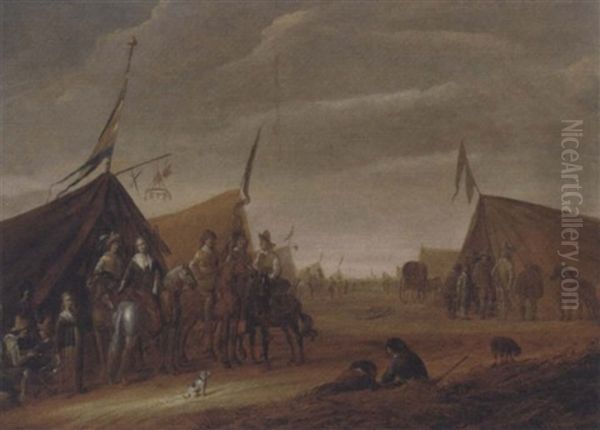 A Military Encampment Oil Painting by Palamedes Palamedesz. (Stevaerts, Stevens)