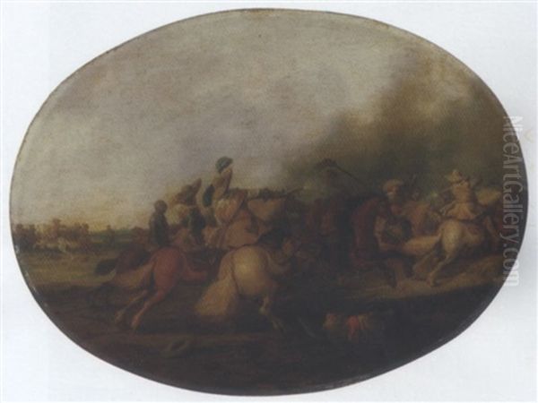 A Cavalry Skirmish With A Fallen Soldier Oil Painting by Palamedes Palamedesz. (Stevaerts, Stevens)
