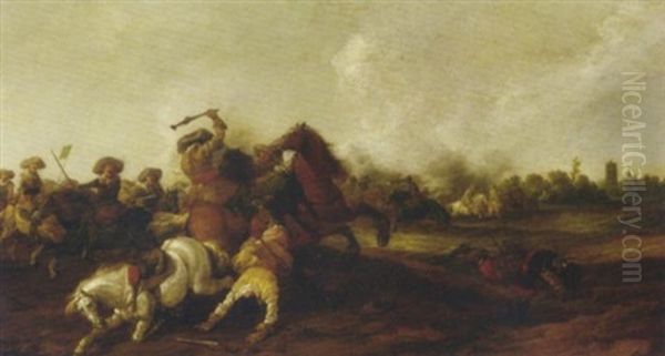 A Battle Scene - A Calvary Skirmish Oil Painting by Palamedes Palamedesz. (Stevaerts, Stevens)