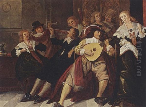 An Elegant Company Making Music And Drinking In An Interior Oil Painting by Palamedes Palamedesz. (Stevaerts, Stevens)