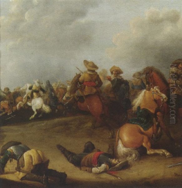 A Cavalry Battle Oil Painting by Palamedes Palamedesz. (Stevaerts, Stevens)