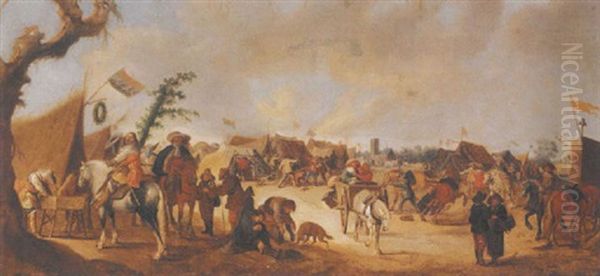 An Army Encampment Before A Church Oil Painting by Palamedes Palamedesz. (Stevaerts, Stevens)