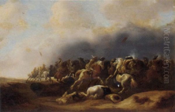 A Cavalry Engagement Oil Painting by Palamedes Palamedesz. (Stevaerts, Stevens)