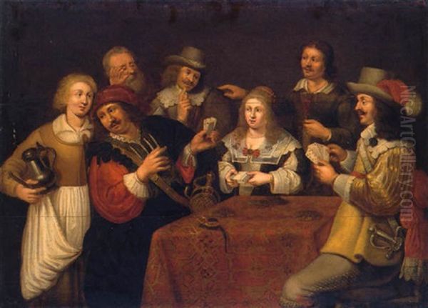 Les Joueurs De Cartes Oil Painting by Palamedes Palamedesz. (Stevaerts, Stevens)