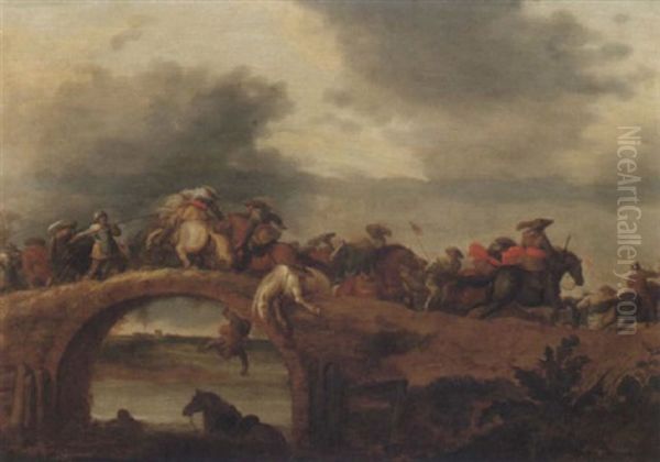 Bataljscen - Stridande Kavallerister Pa Bro Oil Painting by Palamedes Palamedesz. (Stevaerts, Stevens)