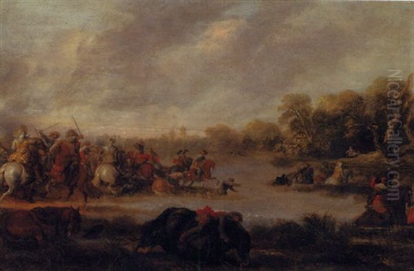 A Cavalry Skirmish By A River Oil Painting by Palamedes Palamedesz. (Stevaerts, Stevens)