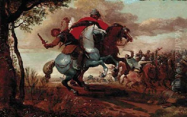 A Cavalry Skirmish Oil Painting by Palamedes Palamedesz. (Stevaerts, Stevens)