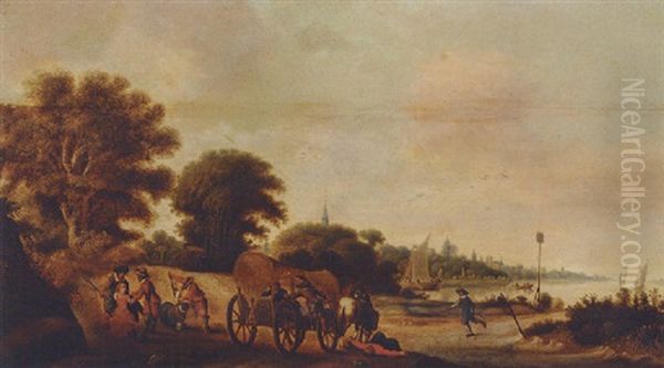 A Wooded Landscape With Travellers In A Wagon Being Ambushed Oil Painting by Palamedes Palamedesz. (Stevaerts, Stevens)