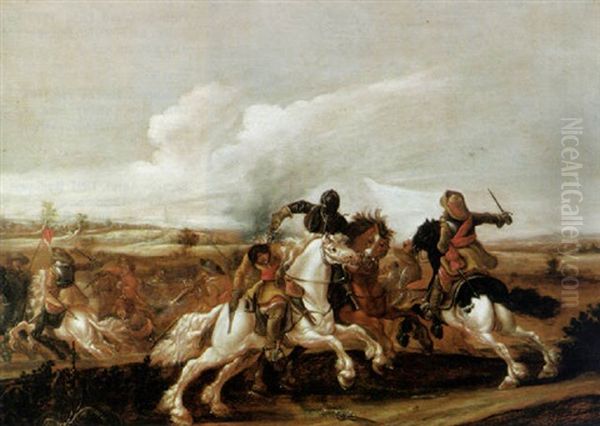 Bewegte Reiterschlacht In Hugeliger Landschaft An Einem Spatherbsttag Oil Painting by Palamedes Palamedesz. (Stevaerts, Stevens)