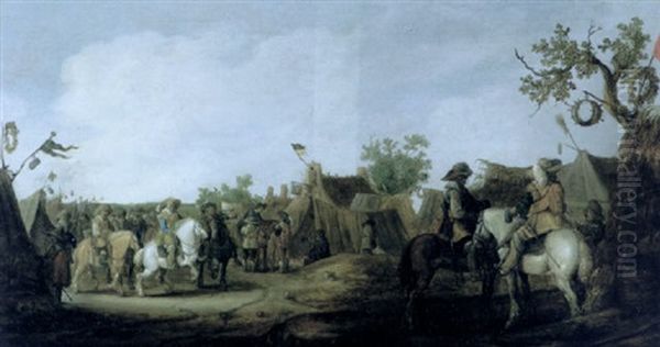 A Military Encampment Oil Painting by Palamedes Palamedesz. (Stevaerts, Stevens)