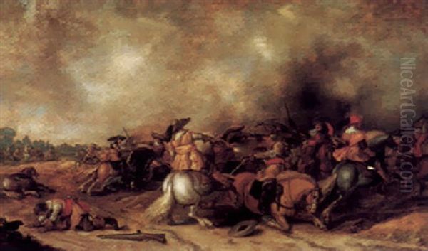 A Cavalry Engagement Oil Painting by Palamedes Palamedesz. (Stevaerts, Stevens)