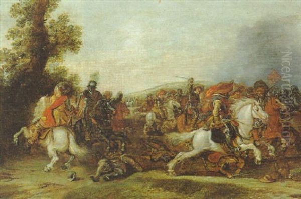 Reitergefecht Zwischen Kaiserlichen (rote Feldbinden) Und Schweden (blaue Feldbinden) Im Dreisigjahrigen Krieg Oil Painting by Palamedes Palamedesz. (Stevaerts, Stevens)