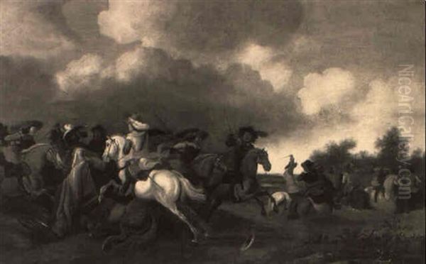 A Cavalry Skirmish Oil Painting by Palamedes Palamedesz. (Stevaerts, Stevens)