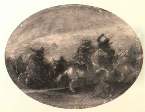 A Cavalry Skirmish Oil Painting by Palamedes Palamedesz. (Stevaerts, Stevens)