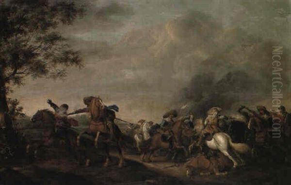 A Cavalry Skirmish Oil Painting by Palamedes Palamedesz. (Stevaerts, Stevens)