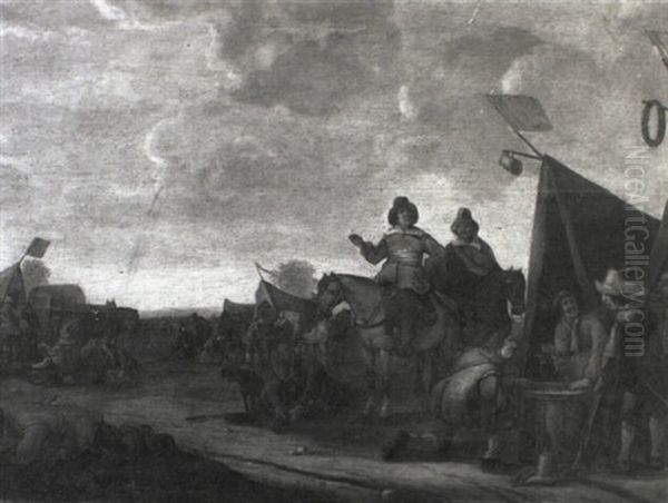 Cavaliers Resting Their Horses And Soldiers Playing Cards Oil Painting by Palamedes Palamedesz. (Stevaerts, Stevens)