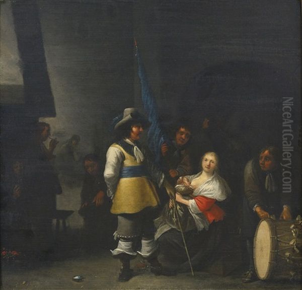 Interior Of A Guardroom With Soldiers, An Officer And A Young Woman Oil Painting by Anthonie Palamedesz