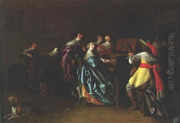 Elegant Company Making Music In An Interior Oil Painting by Anthonie Palamedesz