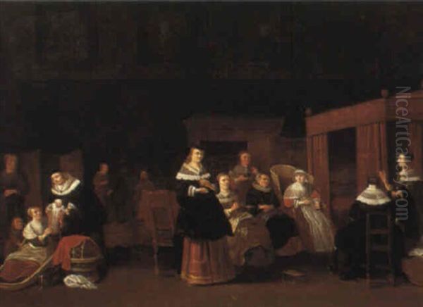 Interior With Women Attending To A Newborn Child Oil Painting by Anthonie Palamedesz
