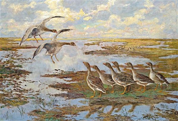 Wild Geese On The Hortobagy Oil Painting by Jozsef Palfy