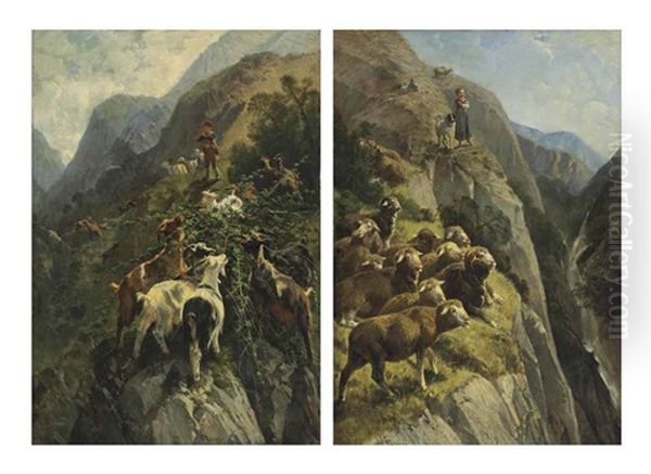 A Shepherdess With Her Flock In The Mountains (+ A Shepherd With His Goats In The Mountains; Pair) Oil Painting by Giuseppe Palizzi