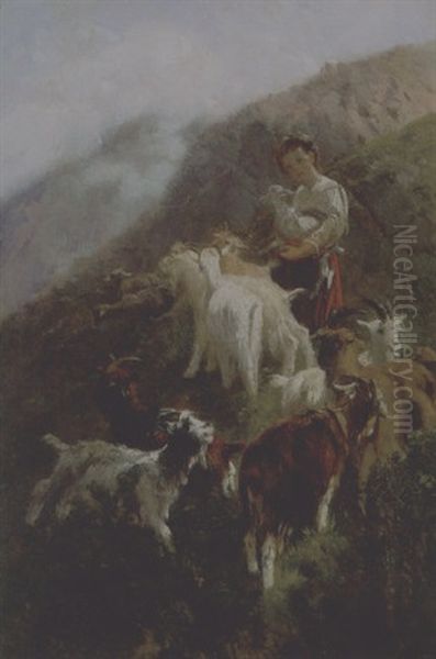 Pastorella E Caprette Oil Painting by Giuseppe Palizzi