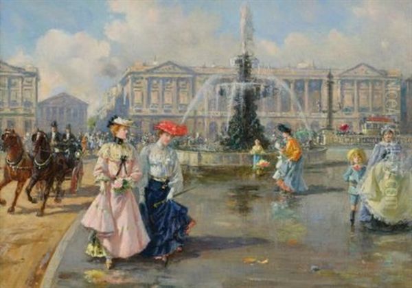 La Place De La Concorde (+ Port Dauphine, Bois De Boulogne, Lrgr; 2 Works) Oil Painting by Joaquin Pallares y Allustante