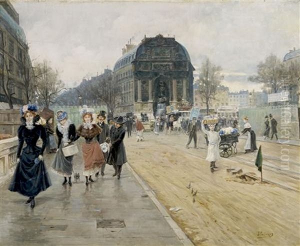 Market Scene In Paris Oil Painting by Joaquin Pallares y Allustante
