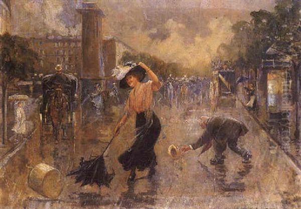 Coup De Vent A La Porte St. Martin Oil Painting by Joaquin Pallares y Allustante