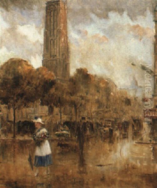 Figures By The Tour Saint-jacques, Paris Oil Painting by Joaquin Pallares y Allustante