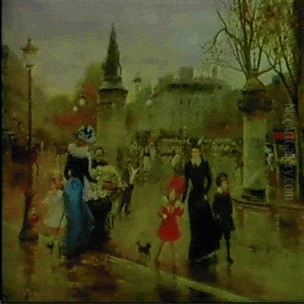 A Busy Square In Paris Oil Painting by Joaquin Pallares y Allustante
