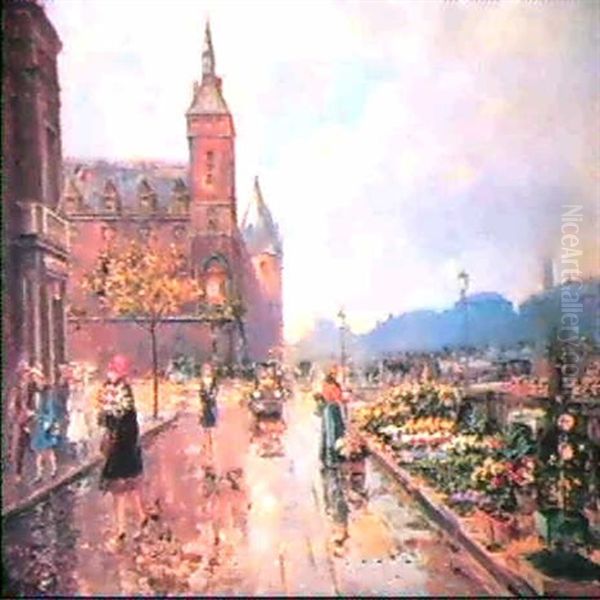 Mercado De Flores Oil Painting by Joaquin Pallares y Allustante