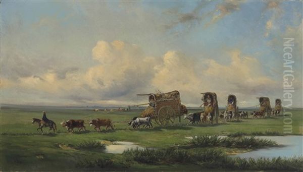 A Caravan Of Gauchos And Their Wagons Crossing The Pampas, Argentina Oil Painting by Jean Leon Palliere