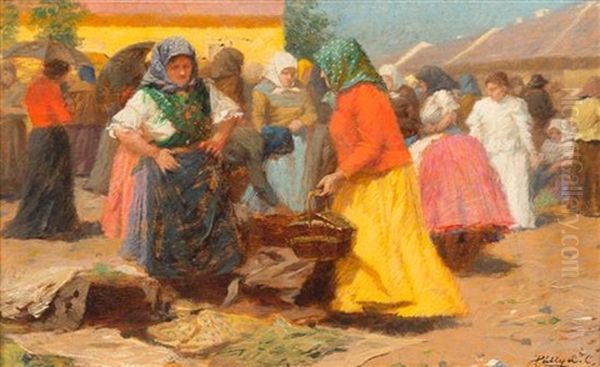 Woman At Village Market Oil Painting by Celesztin Pallya