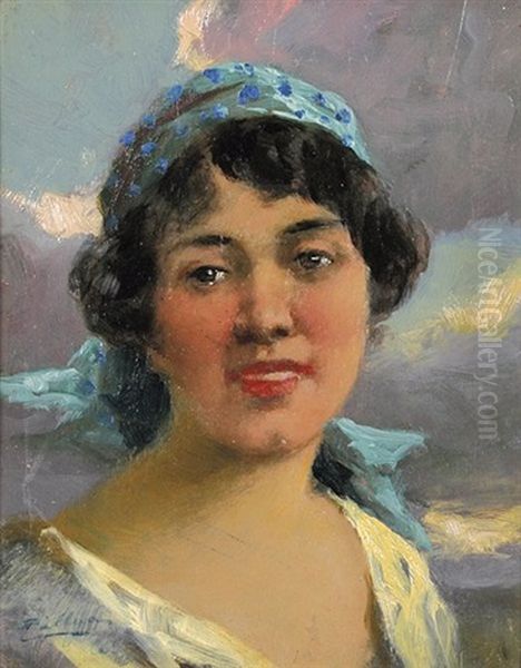 Frau Mit Grunem Tuch Oil Painting by Celesztin Pallya