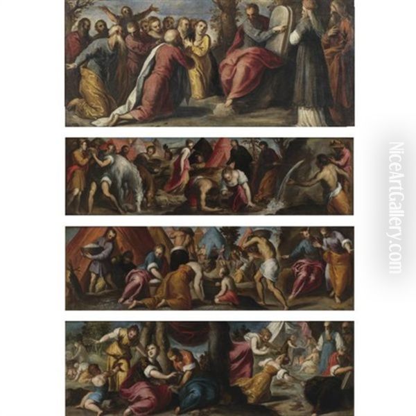 Moses, The Israelites, And The Flock Of Quails (set Of 4) Oil Painting by Jacopo Palma il Giovane
