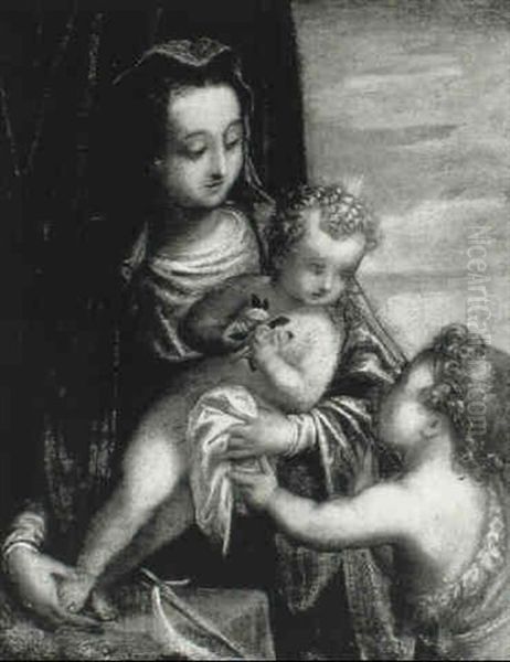The Madonna And Child With The Infant St. John The Baptist Oil Painting by Jacopo Palma il Giovane