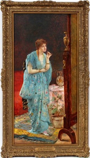 Young Woman By Mirror Oil Painting by Vicente Palmaroli Y Gonzalez