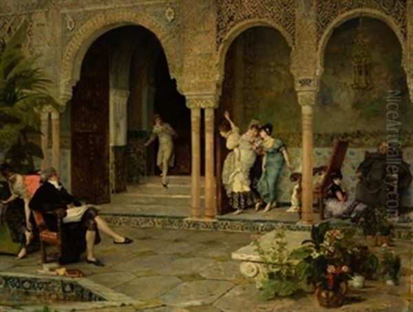 Familia En El Patio Mudejar Oil Painting by Vicente Palmaroli Y Gonzalez