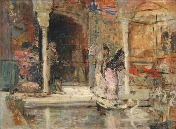 Elegantes Pres D'un Bassin Oil Painting by Vicente Palmaroli Y Gonzalez