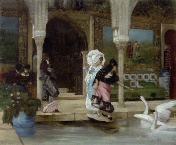 Elegantes Aux Cygnes Oil Painting by Vicente Palmaroli Y Gonzalez